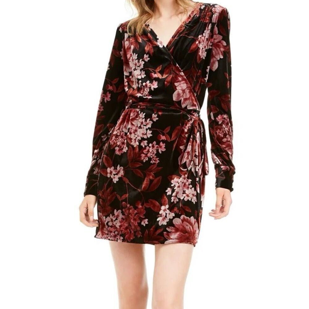 Leyden pink floral velvet long sleeve wrap dress small